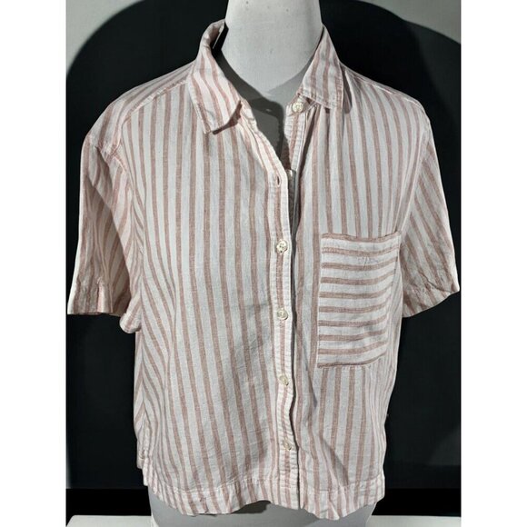 Forever 21 Womens Short Sleeve Peach Cream Striped Button Down Crop Linen Medium - Picture 2 of 9